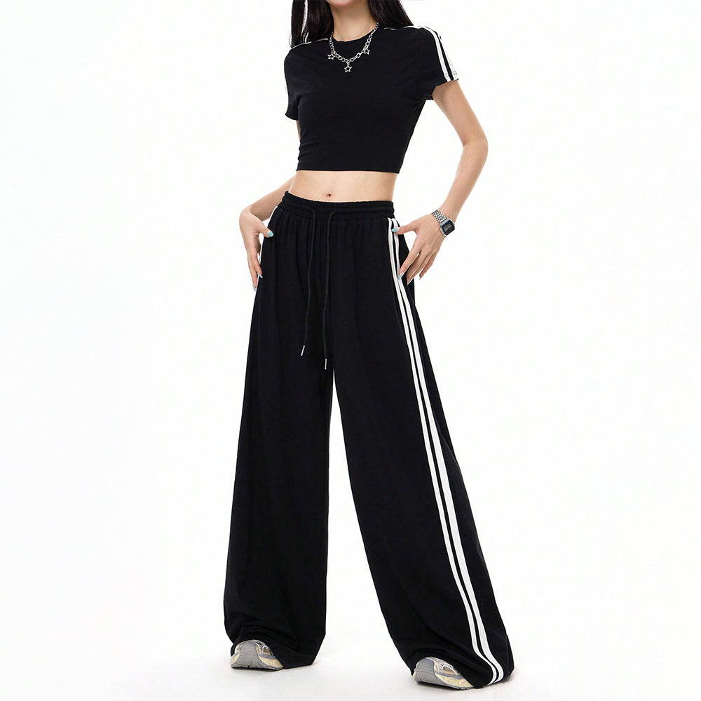 Damen lässige Highwaist weite Sweathose mit elastischem Bund, Tunnelzug und seitlichen Kontraststreifen Shop Nory