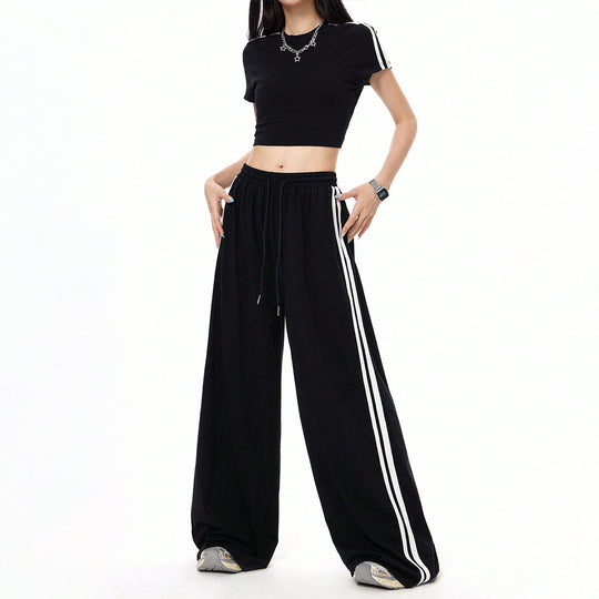Damen lässige Highwaist weite Sweathose mit elastischem Bund, Tunnelzug und seitlichen Kontraststreifen Shop Nory