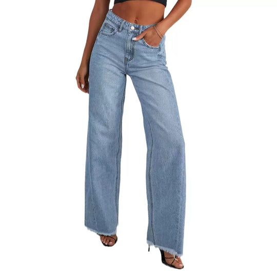 Damen Hochbund-Jeans mit weitem Bein und ausgefranstem Saum Shop Nory