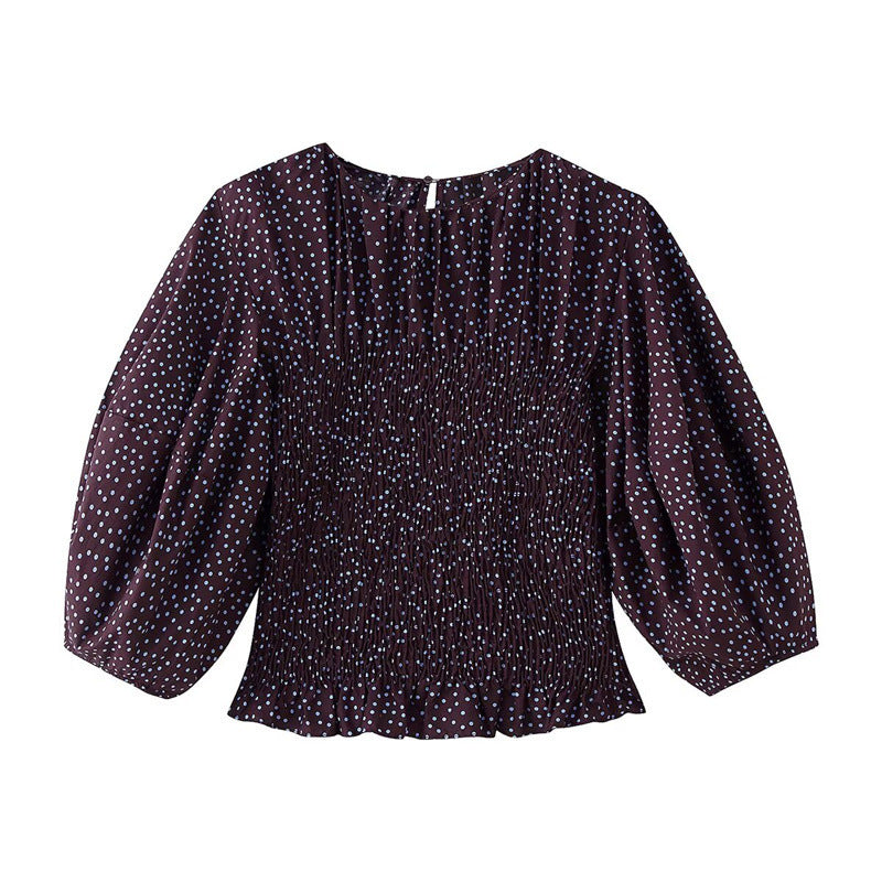 Damen gerafftes Polka‑Dot Oberteil mit elastischem Smock‑Korpus, Ballonärmeln und Volantsaum Shop Nory