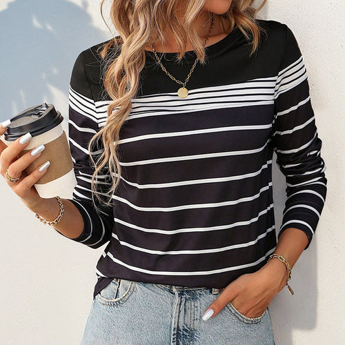 Damen Gestreiftes Langarmshirt mit Rundhalsausschnitt und kontrastiertem Yoke Shop Nory