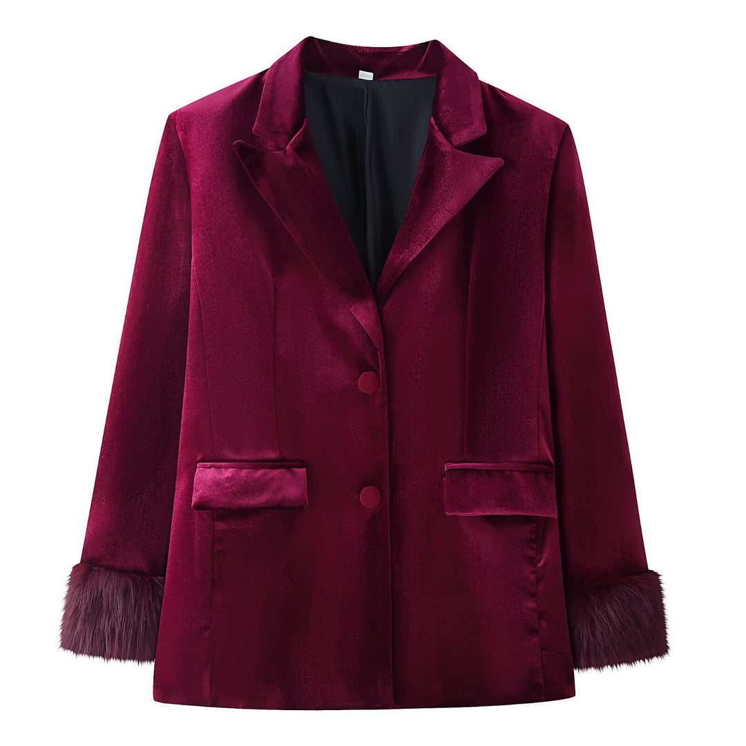 Damen Taillierter Samt-Blazer mit Kunstfellmanschetten und Pattentaschen Shop Nory