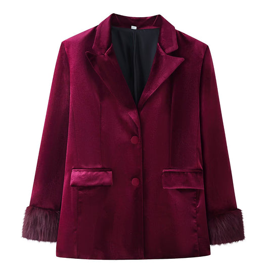Damen Taillierter Samt-Blazer mit Kunstfellmanschetten und Pattentaschen Shop Nory