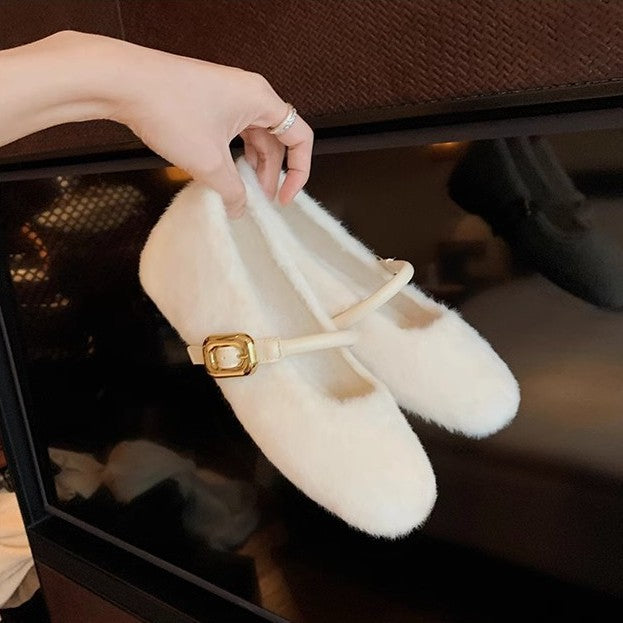 Damen Kuschelige Faux‑Fur Mary‑Jane‑Slipper mit gepolstertem Komfortfußbett und goldener Schnallenapplikation Shop Nory