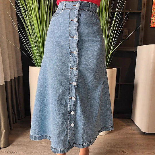 Damen Midirock aus Denim mit durchgehender Knopfleiste und taillenhohem A-Linien-Schnitt Shop Nory