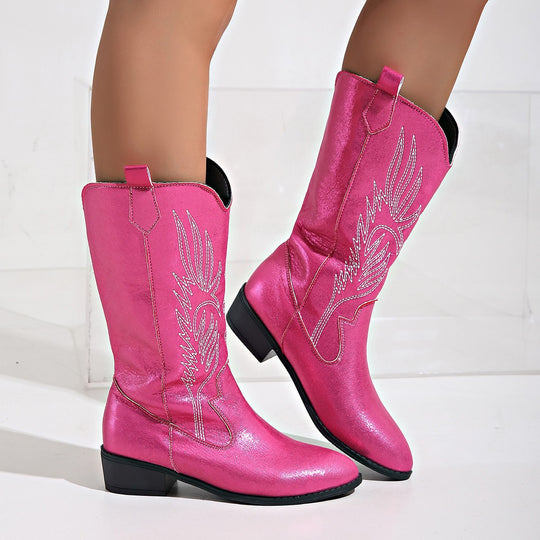 Damen Cowgirl-Kniehoher Stiefel mit dekorativer Stickerei, Pull‑Tabs und komfortablem Blockabsatz Shop Nory