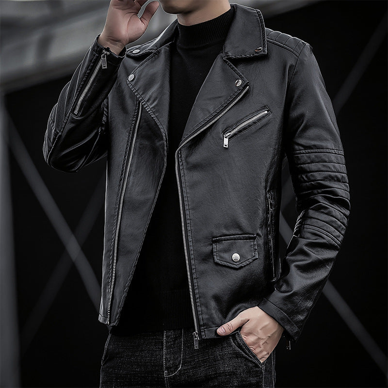 Herren schmal geschnittene Kunstleder-Motojacke mit gesteppter Schulter- und Ärmeldetail Shop Nory