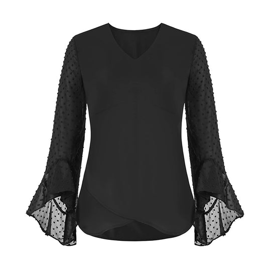 Damen Chiffonbluse mit V-Ausschnitt, gepunkteten Trompetenärmeln und asymmetrischem Saum Shop Nory