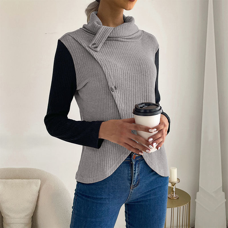 Damen Asymmetrisches Rippenstrick-Layering-Top mit Rollkragen und Zierknopfleiste Shop Nory