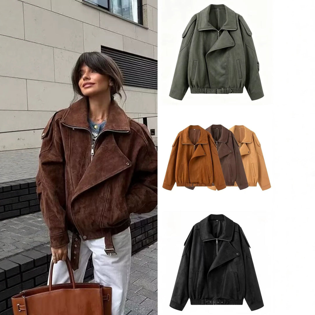 Damen Oversize Bomberjacke mit breitem Reverskragen, Taillengürtel und Schulterklappen Shop Nory