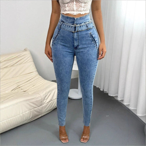 Damen Hochtaillierte Slim‑Skinny‑Jeans mit D‑Ring‑Gürtel und schrägen Eingrifftaschen Shop Nory