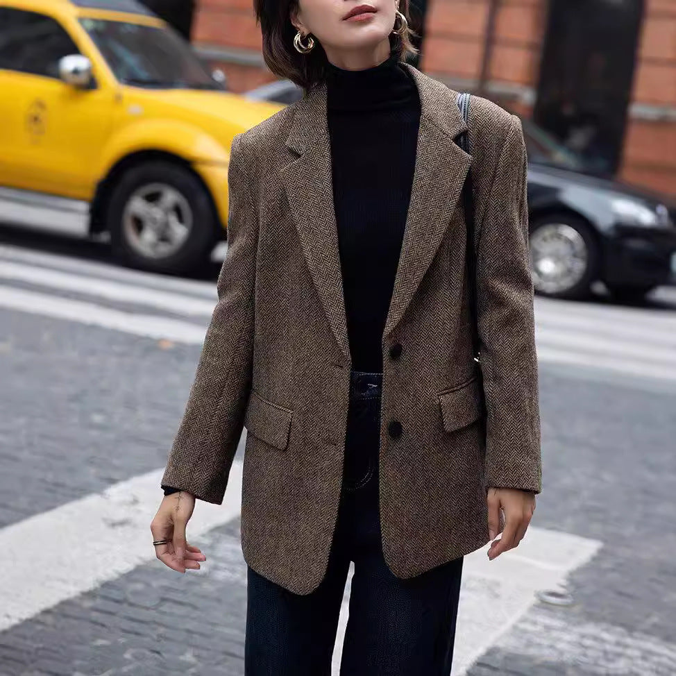 Damen Eleganter Tweed Blazer mit Taillengürtel Shop Nory