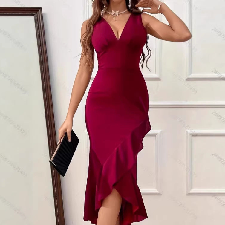 Damen Midikleid mit V-Ausschnitt und asymmetrischem Rüschensaum
