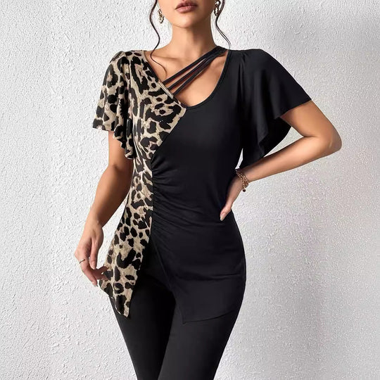 Damen Designermode Oberteil mit asymmetrischem Schnitt und Leopardenmuster
