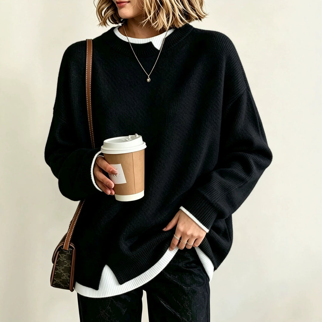 Damen Oversize Rundhals-Feinstrickpullover mit überschnittenen Schultern und Seitenschlitzen Shop Nory