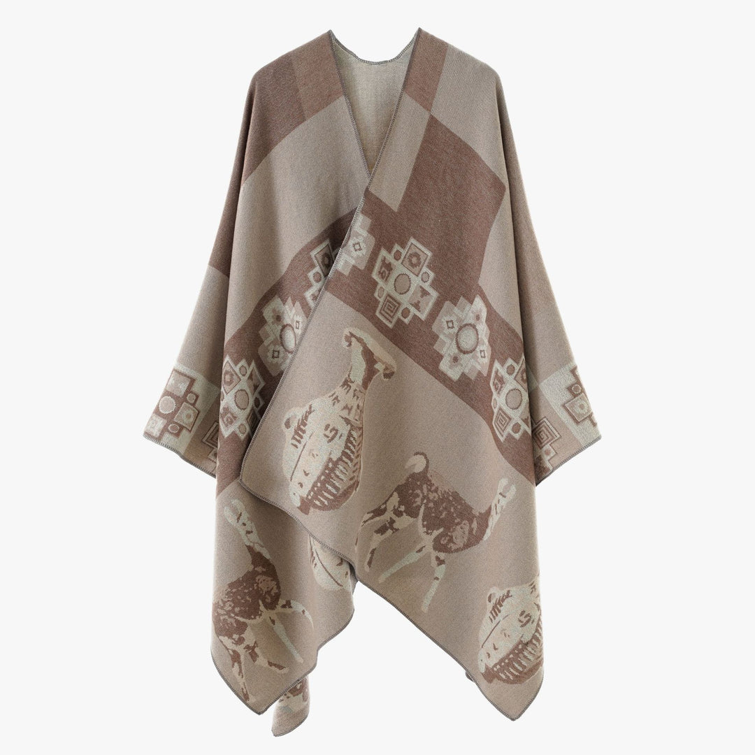Damen Jacquard‑Strickponcho mit Ethno‑Tiermotiven und offenem Kimono‑Schnitt Shop Nory
