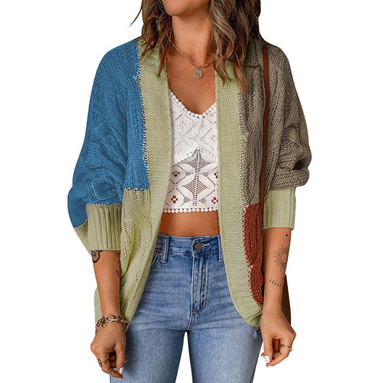Damen Lockere Strickjacke mit modischem Farbblockdesign und tiefen Taschen