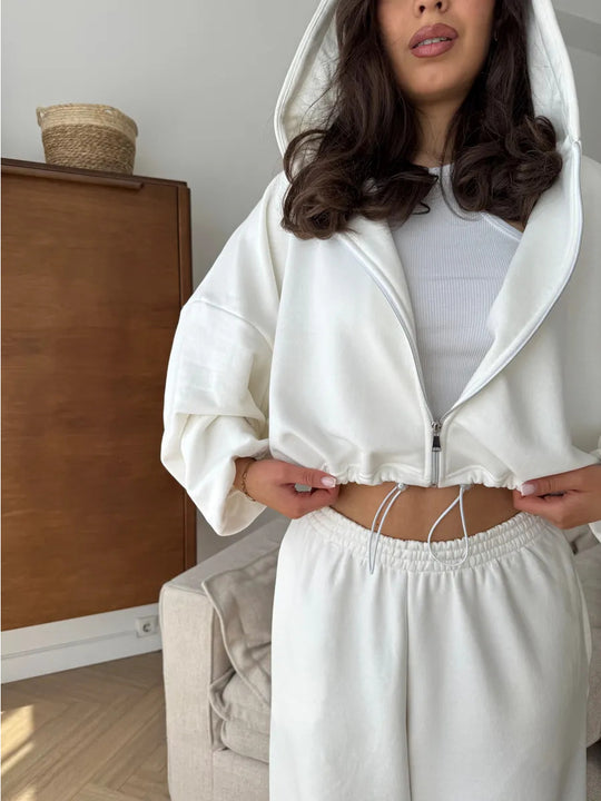 Damen kurzes Kapuzenzipper-Lounge-Set mit oversized Ärmeln und weitem Jogginghose-Schnitt Shop Nory
