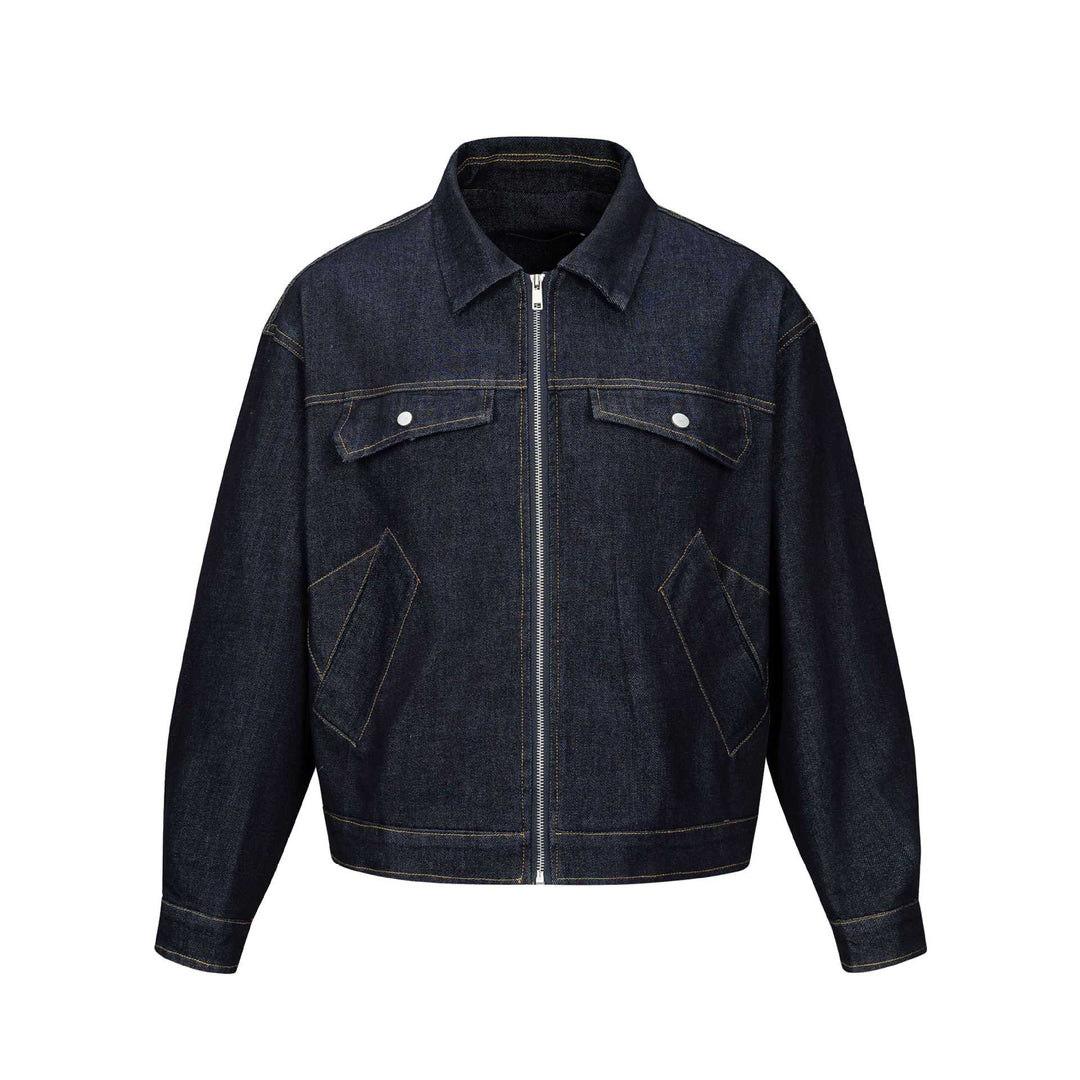 Unisex Kastig geschnittener Denim‑Blouson mit Metallreißverschluss und Pattentaschen Shop Nory