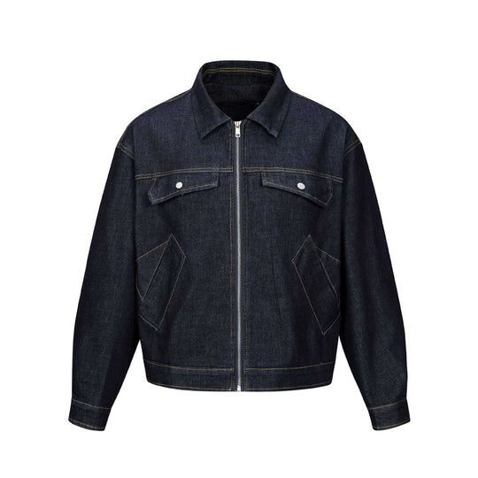 Unisex Kastig geschnittener Denim‑Blouson mit Metallreißverschluss und Pattentaschen Shop Nory