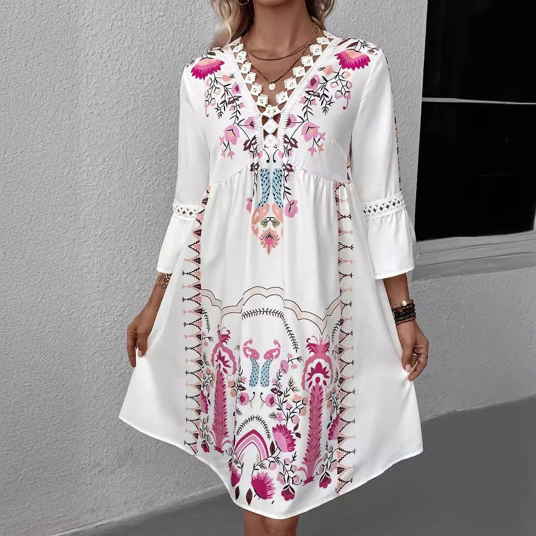 Damen Boho-Kleid mit Stickerei, Häkel-V-Ausschnitt und ausgestellter A-Linie Shop Nory