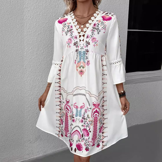Damen Boho-Kleid mit Stickerei, Häkel-V-Ausschnitt und ausgestellter A-Linie Shop Nory