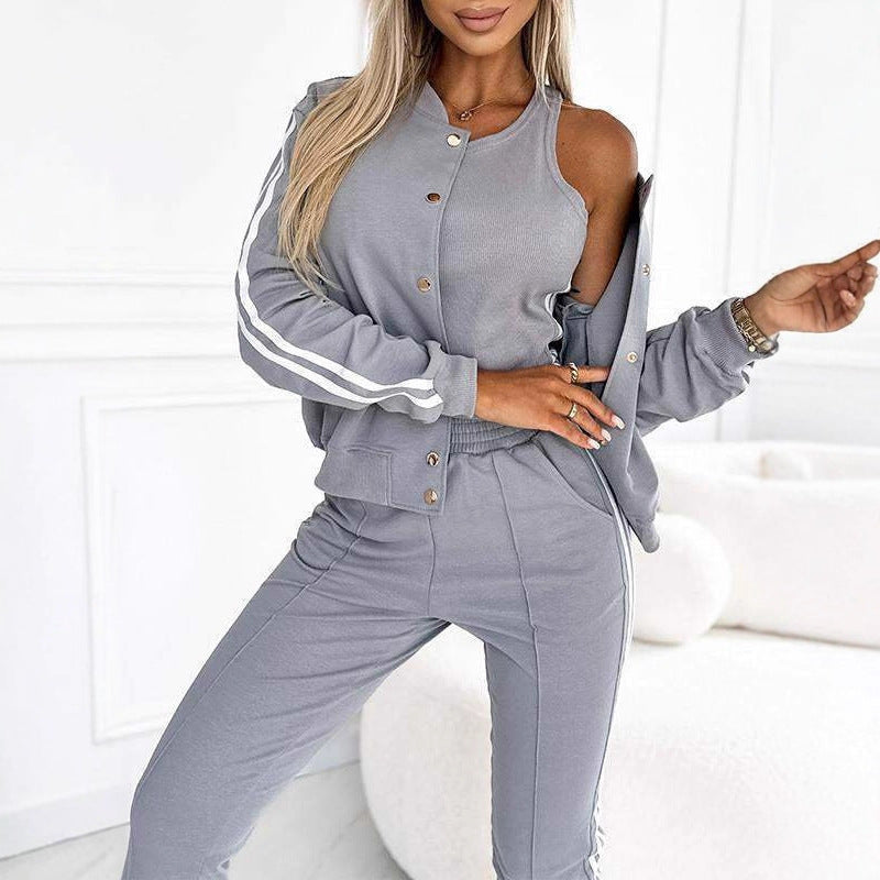 Damen nan sportliches Jogginganzug-Set mit Collegejacke, kurzes Top und slim-fit Jogginghose Shop Nory