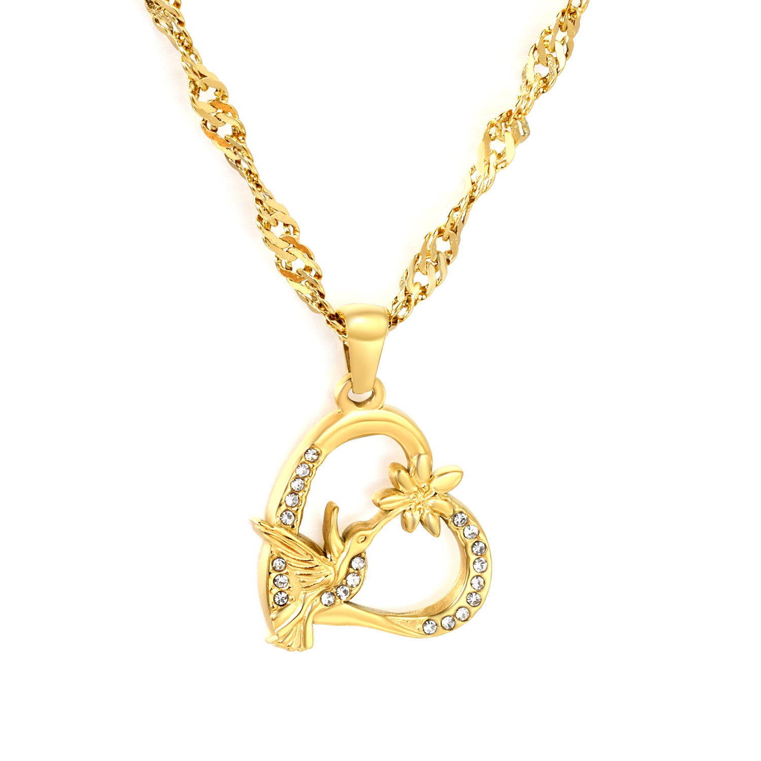 Damen Halskette mit herzförmigem Anhänger und kunstvollem Kolibrimotiv Shop Nory