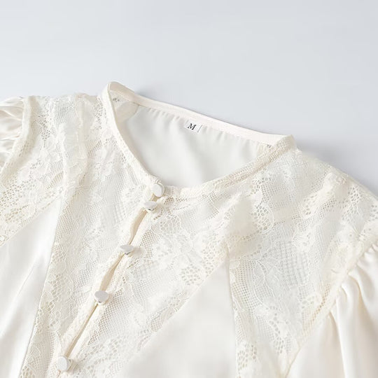 Damen Romantische Spitzenbluse mit Tunnelzug-Taillierung, Volant-Saum und Ballonärmeln Shop Nory
