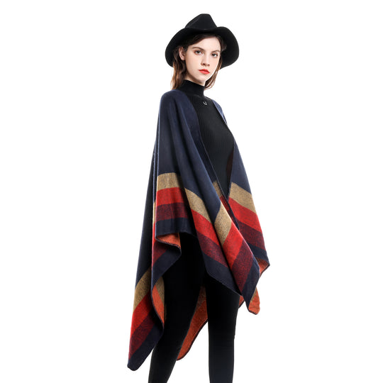Damen Offener Strick‑Cape‑Poncho mit kontrastierenden Blockstreifen und Zierstich Shop Nory