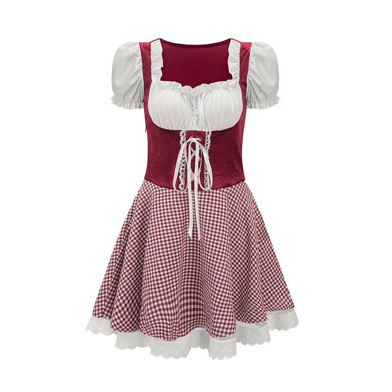 Damen nan bayerisch inspiriertes Mini-Dirndl mit geschnürtem Mieder, Puffärmeln und Vichykaro-Rock Shop Nory
