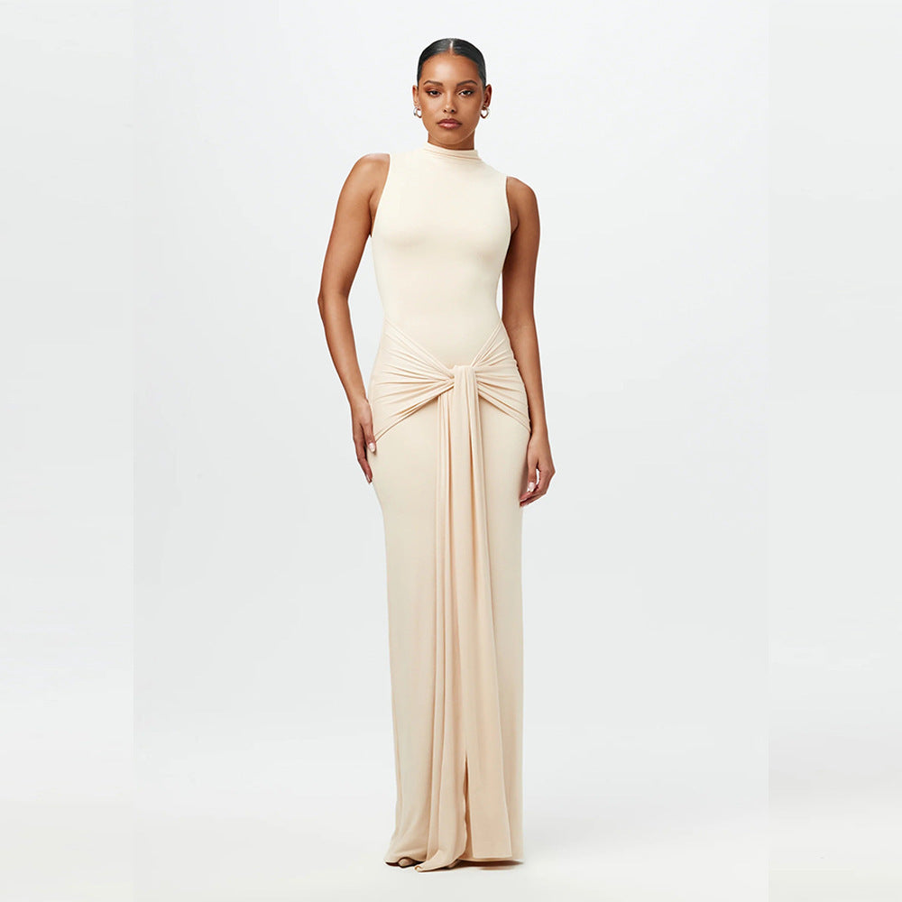 Damen Elegantes Maxikleid mit hochgeschlossenem Kragen und Drapierung Shopnory