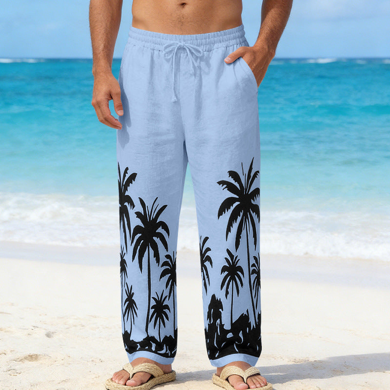 Herren Leinenoptik-Strandhose mit Palmenprint Relaxed-Fit und Kordelzug Shop Nory