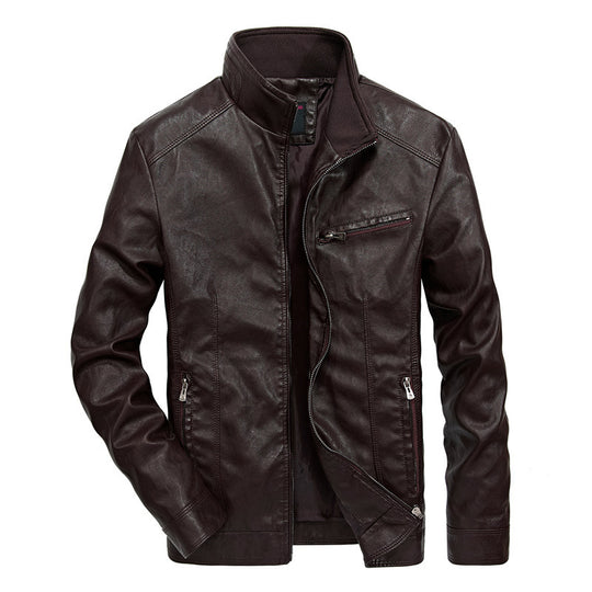 Herren Slim-Fit Kunstleder-Motojacke mit Stehkragen, Reißverschluss-Taschen und verstärkter Nahtführung Shop Nory