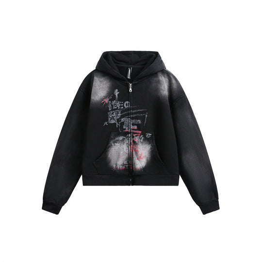 Unisex Kapuzenzipjacke im urbanen Graffiti‑Print mit Kängurutasche und Boxy‑Schnitt Shop Nory
