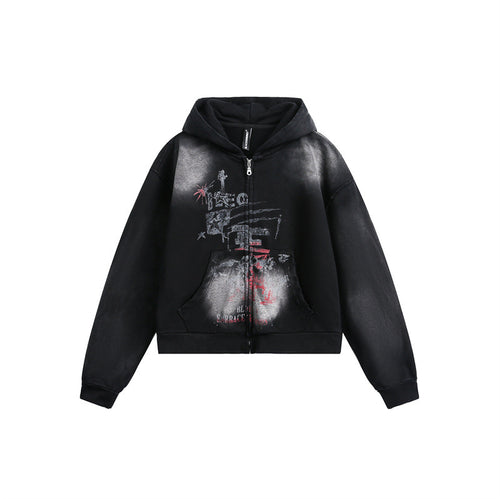 Unisex Kapuzenzipjacke im urbanen Graffiti‑Print mit Kängurutasche und Boxy‑Schnitt Shop Nory