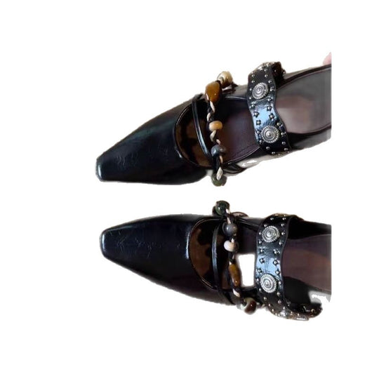 Damen elegante quadratische Mules mit niedrigem Blockabsatz, Zierriemen und Perlenapplikation Shop Nory