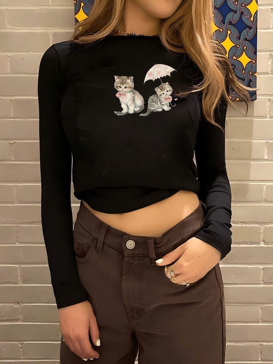 Damen nan figurbetontes Langarmshirt mit niedlichem Gänse-Print, Rundhalsausschnitt und leichtem Stretch Shop Nory