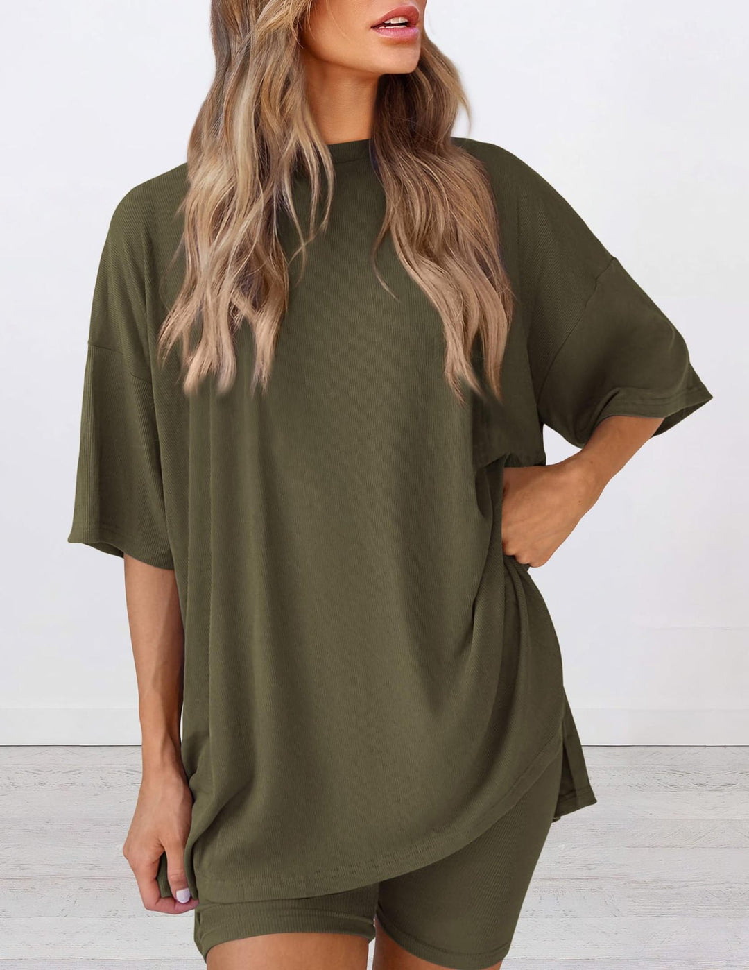 Damen Lässiges Lounge-Set mit übergroßem Oberteil und kurzen Hosen