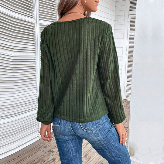 Damen Geripptes V-Ausschnitt Langarmshirt mit Twist-Knoten und Zierknöpfen Shop Nory