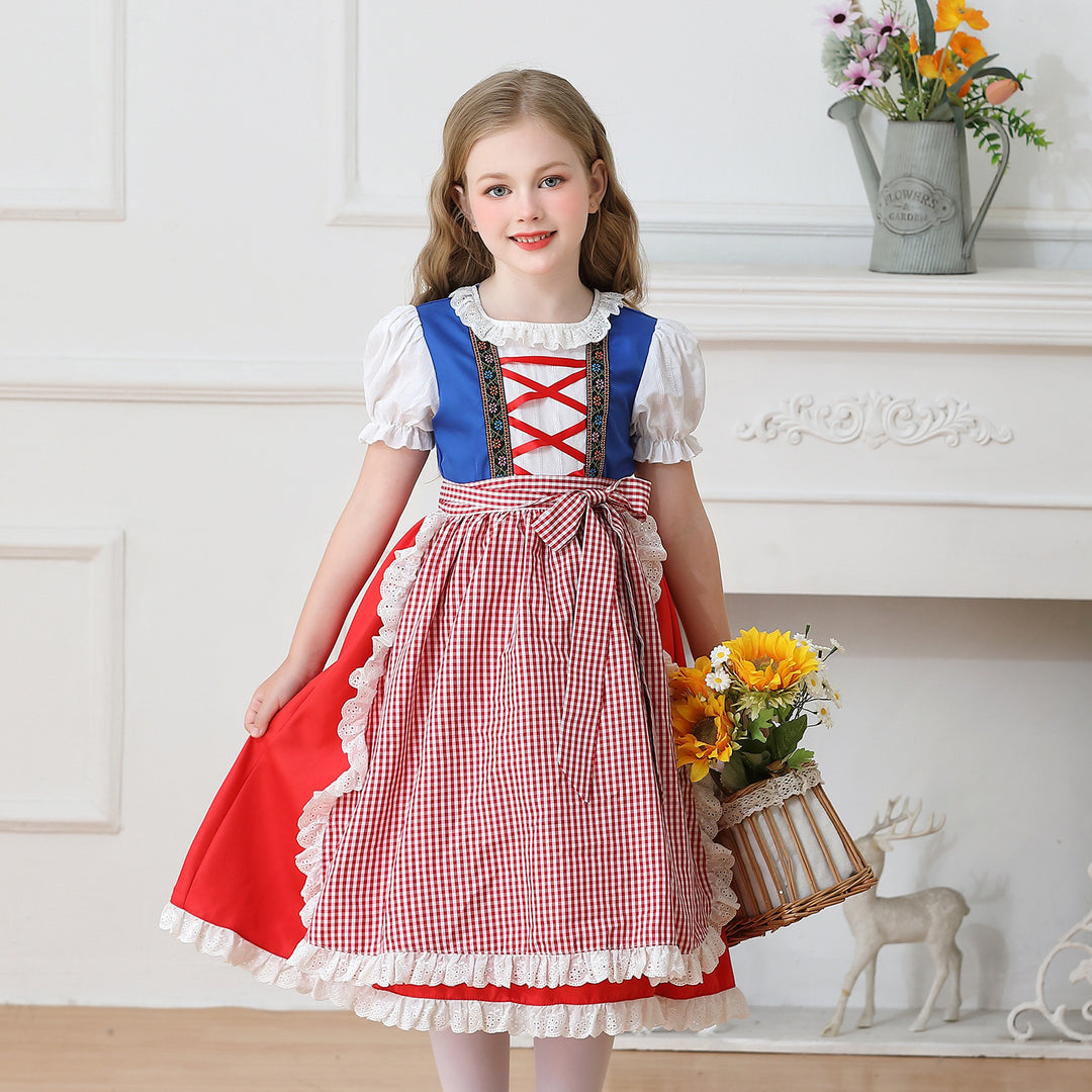 Damen nan traditionelles Kinder-Dirndl Kleid mit geraffter Schürze und Spitzenbesatz Shop Nory