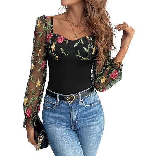Damen Bestickter Mesh-Bodysuit mit herzförmigem Ausschnitt und langen Puffärmeln Shop Nory