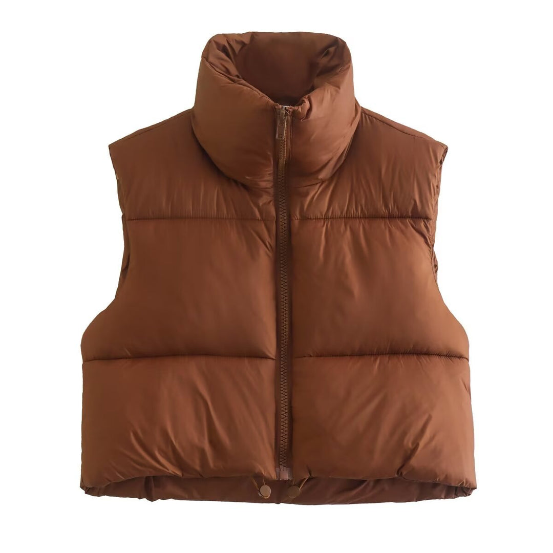 Damen cropped Daunenweste mit hohem Kragen und praktischen Taschen