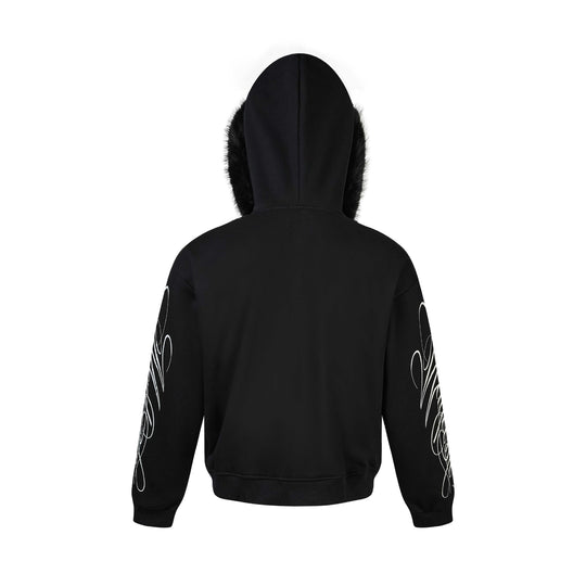 Unisex Oversize Kapuzenjacke aus Baumwollmix mit abnehmbarem Kunstfellbesatz und grafischen Ärmeldrucken Shop Nory