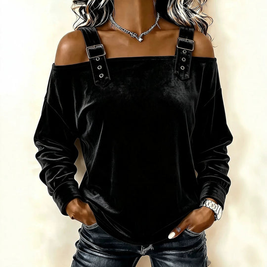 Damen Schulterfreies Samtshirt mit verstellbaren Gurt‑Trägern und lässiger Oversize‑Passform Shop Nory
