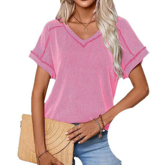 Damen Geripptes V-Ausschnitt Kurzarm-Feinstricktop mit umgeschlagenen Ärmeln Shop Nory