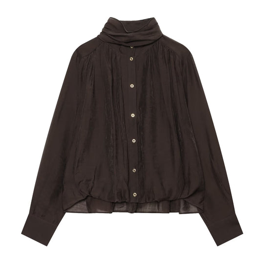 Damen Transparente Bluse mit drapiertem Schlauchkragen, Knopfleiste und Ballonärmeln Shop Nory