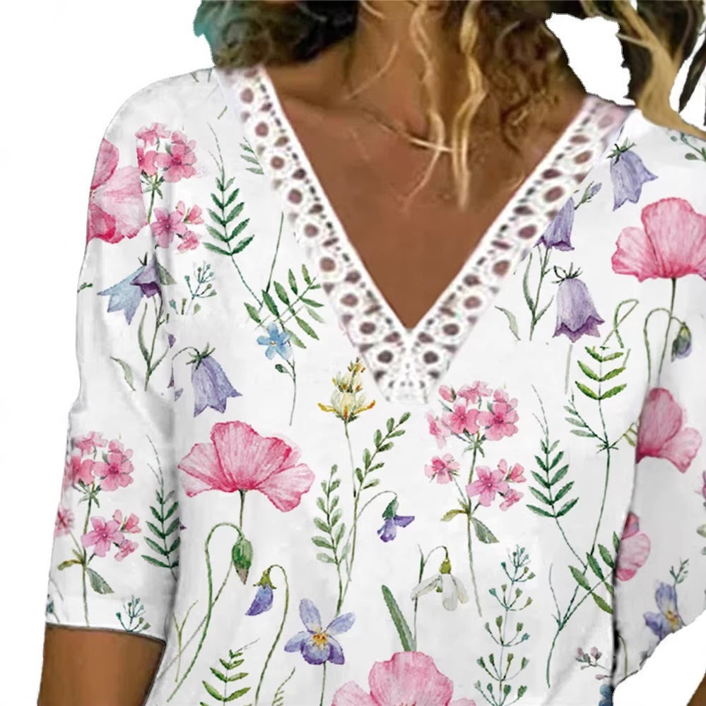 Damenbluse mit V-Ausschnitt und Spitzenbesatz, 3/4-Ärmel, Blumenmuster und lockerer Schnitt Shop Nory