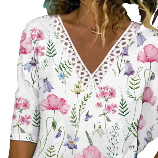 Damenbluse mit V-Ausschnitt und Spitzenbesatz, 3/4-Ärmel, Blumenmuster und lockerer Schnitt Shop Nory