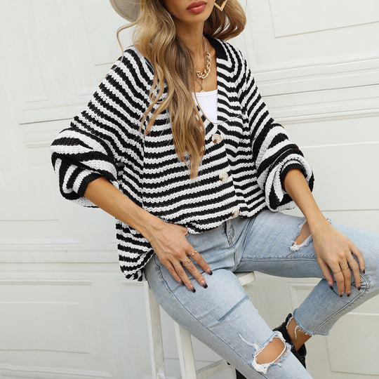 Damen gestreifte oversized Strickjacke mit V-Ausschnitt und Knopfleiste Shop Nory